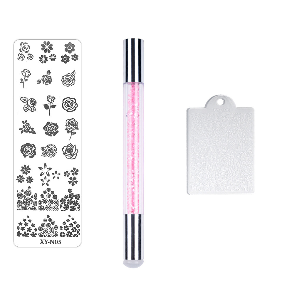 Set 3 in 1 Nail Art – Stampila roz argintiu, Matrita XY- N05, Racleta