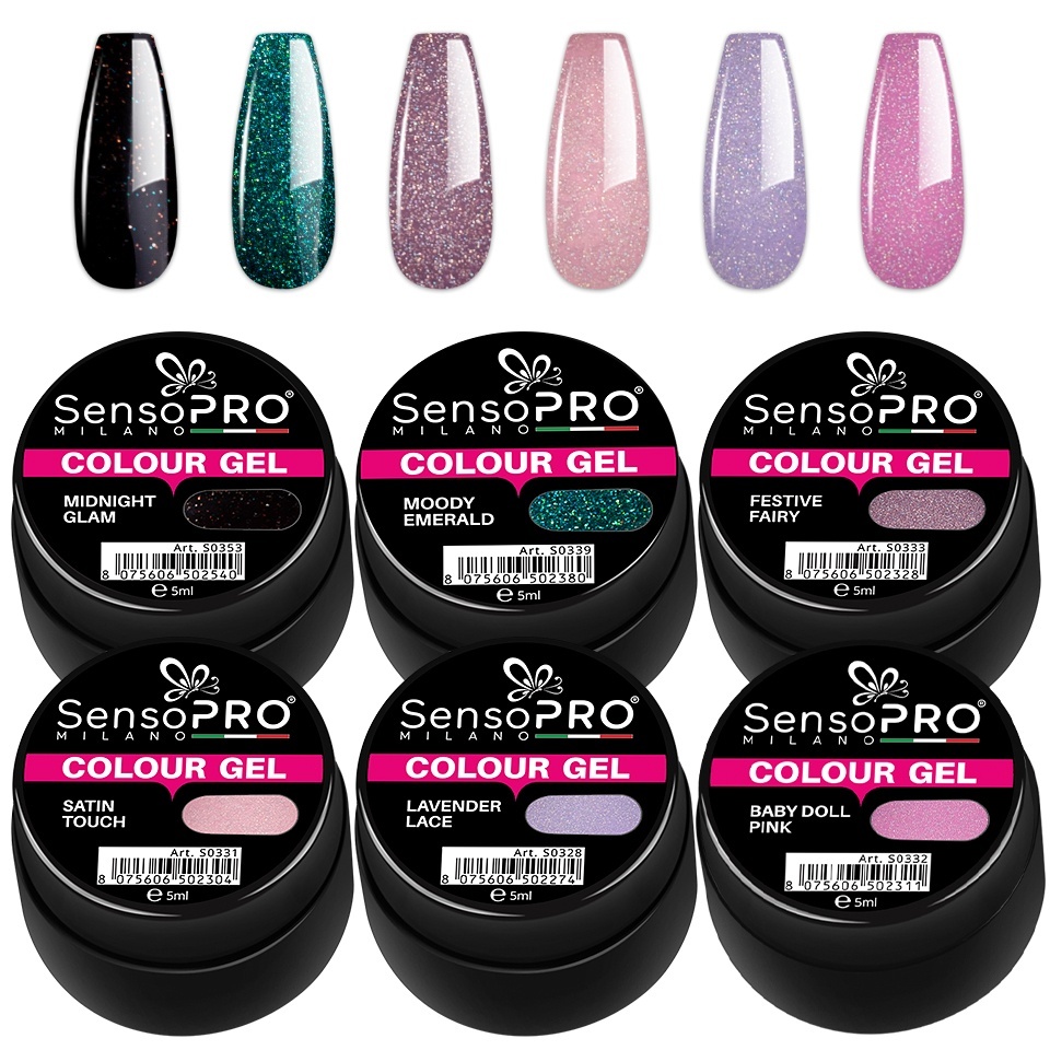 Set 6 Geluri UV Colorate Glam Sparkle, SensoPRO Milano