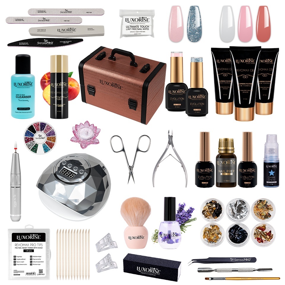 Kit Polygel REVOMAX LUXORISE MASTER Sculpt cu Lampa & Freza + CADOURI