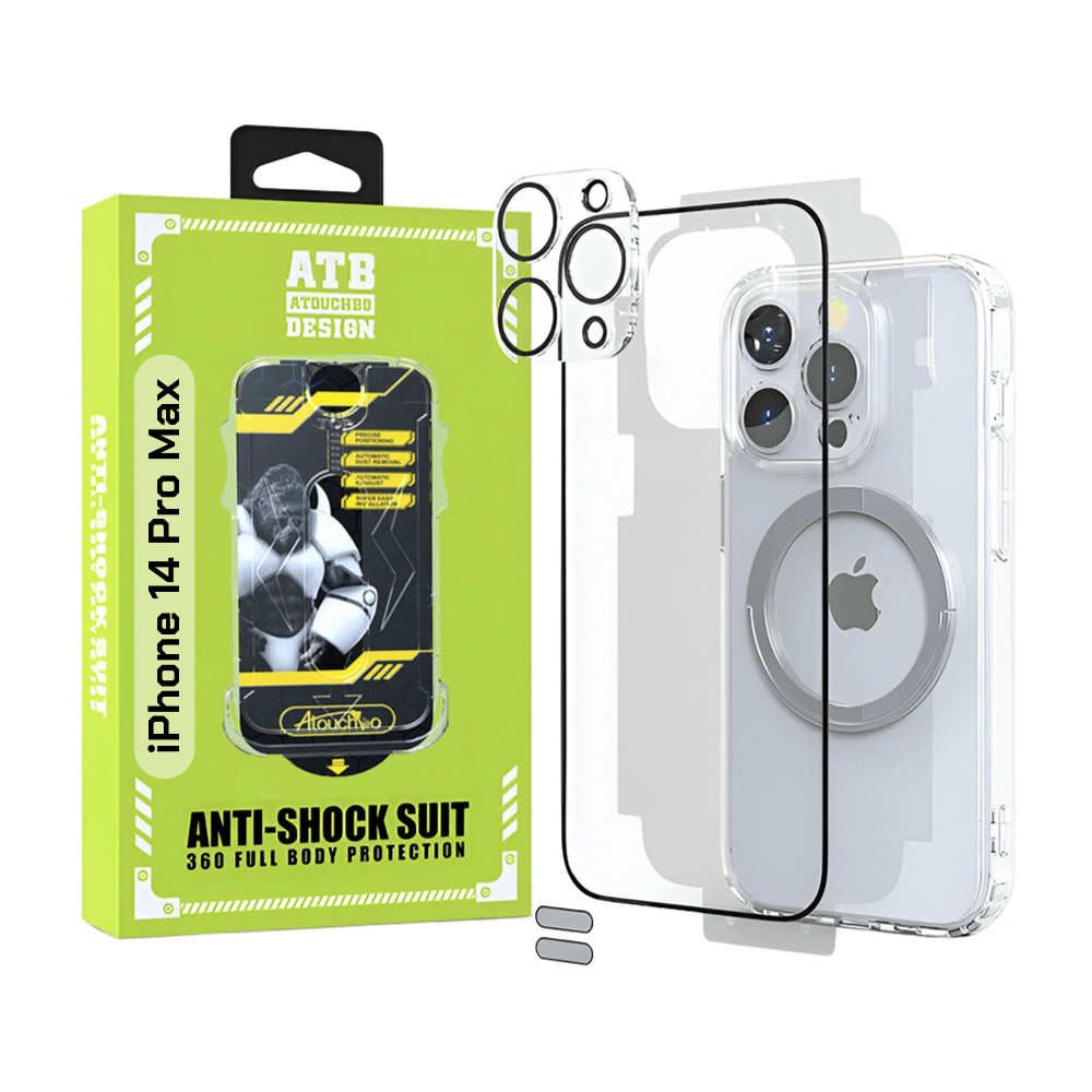 ATB Set 6 in 1 pentru iPhone 14 Pro Max cu husa TPU antisoc, folie sticla cu kit de instalare, folie sticla pentru camera, folie spate, inel magnetic si 2 stickere anti-praf