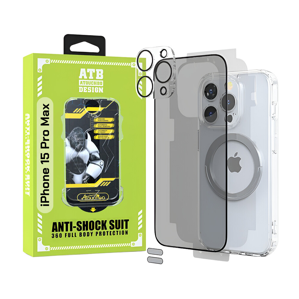 ATB Set 6 in 1 pentru iPhone 15 Pro Max cu husa TPU antisoc, folie sticla privacy cu kit de instalare, folie sticla pentru camera, folie spate, inel magnetic si 2 stickere anti-praf