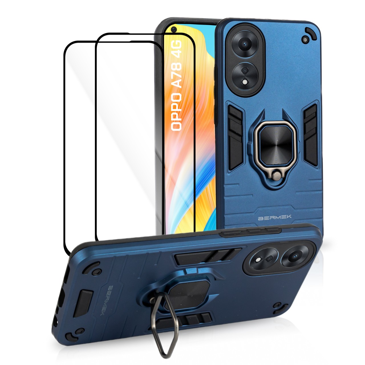 Bermek Husa Oppo A78 4G, husa antisoc - 2x Folie telefon, Albastru
