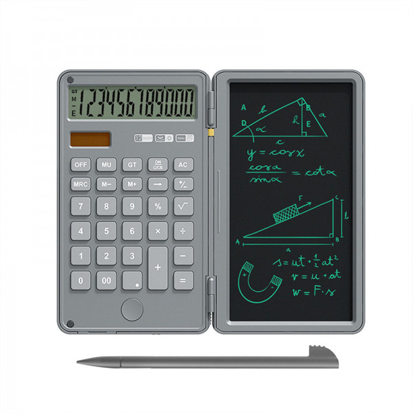 Calculator de birou pliabil cu tableta pentru scris 6 inch, 12 digits, incarcare energie solara, buton stergere, creion Stylus, alimentare baterie CR2025, pentru notite, studenti, birou, scoala, gri