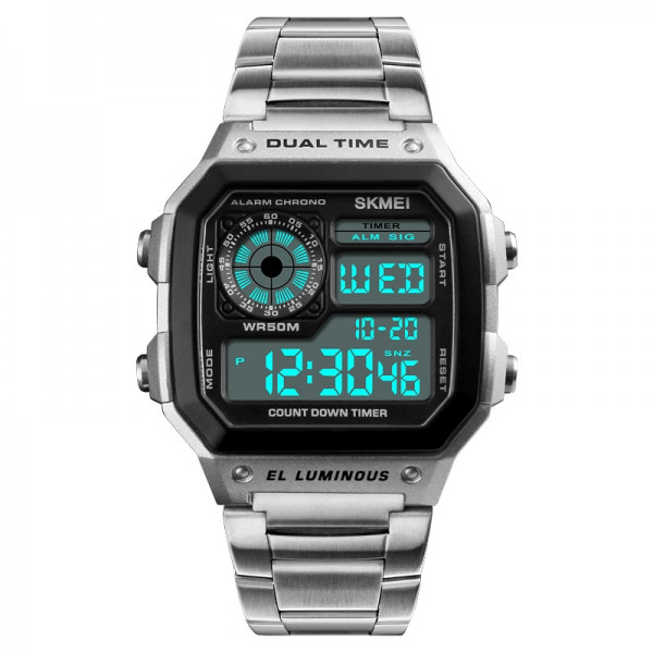 Ceas barbatesc SKMEI digital dual time, 5atm, cronometru, alarma, afisaj data, iluminare cadran, ora 12/24, bratara inox, argintiu