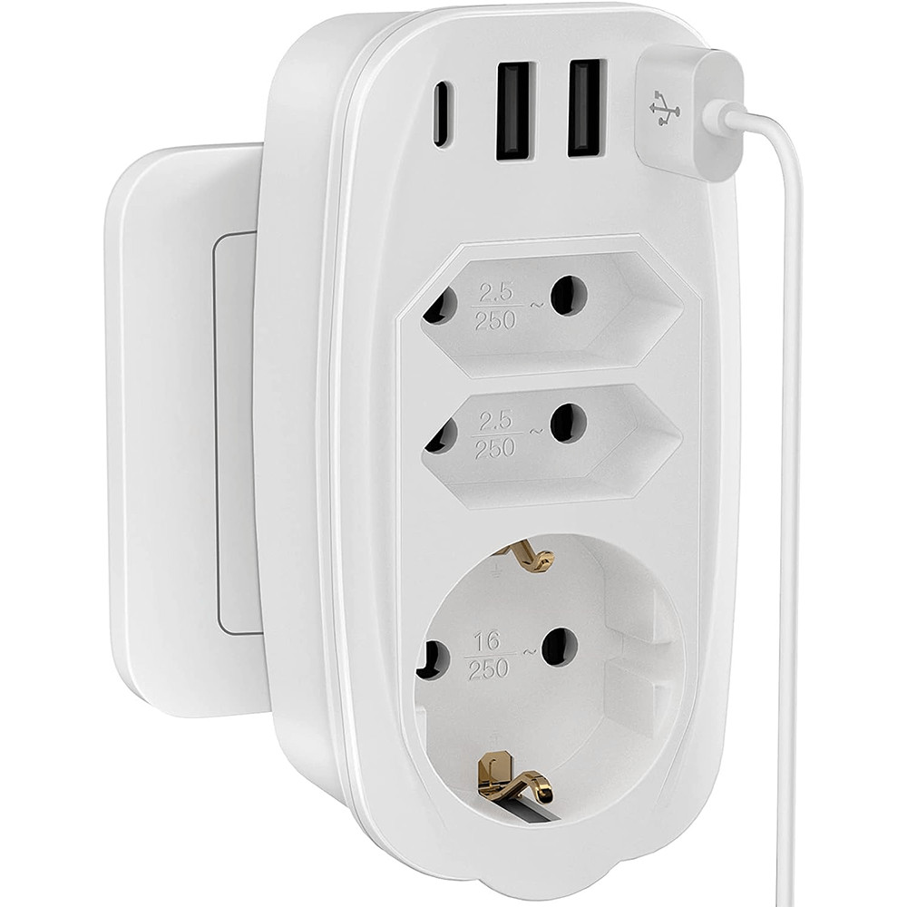 Priza, 250V, 16A, 3680W, 2 x priza Euro, 1 x priza SCHUKO, 3 x USB A, 1 x USB C, protectie copii, alb