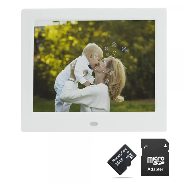 Rama foto digitala MW-087DPF LCD de 8 inch cu telecomanda, alb + card de memorie microSD 16GB si ada