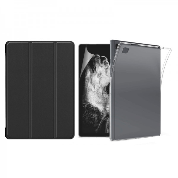 Set 3 in 1 pentru Samsung Galaxy Tab A7 T500/T505, 10.4 inch cu husa carte, husa silicon si folie protectie ecran, negru