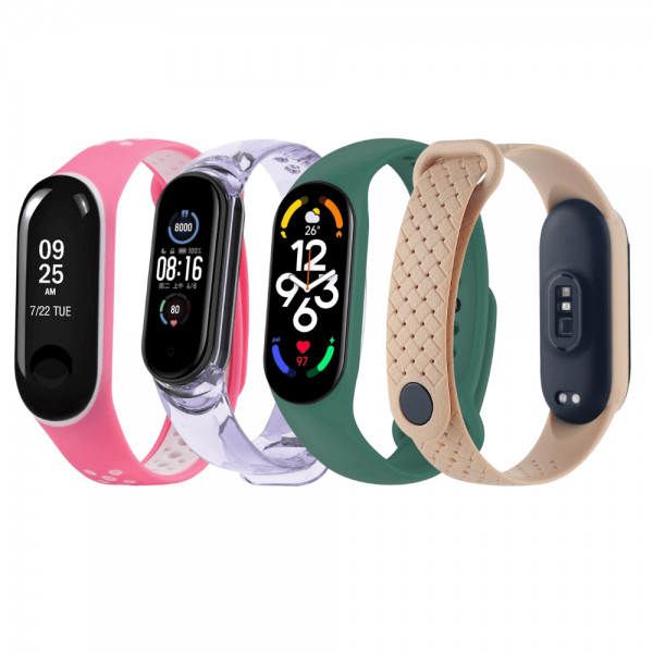 Set 4 curele pentru bratara smartwatch Xiaomi Mi Band 7, silicon, culoare foto-sensibila, roz, verde, transparent - mov, crem