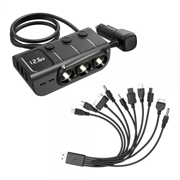Set adaptor priza auto multisocket 120W, 3x soclu auto, 3x port USB, port Type-C PD 36W, port Type-C, buton on-off, display LED, negru si cablu 10 in 1 multi-incarcare USB 2.0