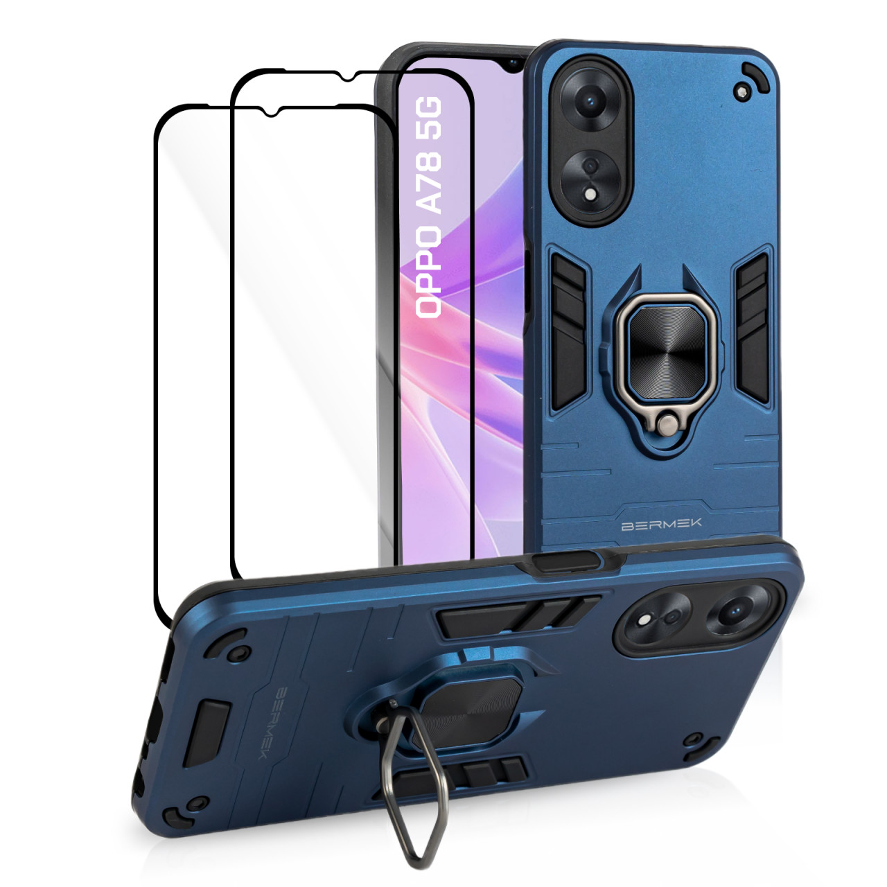 Bermek Husa Oppo A78 5G, husa antisoc - 2x Folie telefon, Albastru