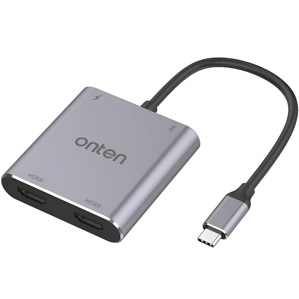ONTEN Adaptor HUB multiport 4 in 1, USB Type-C la USB 3.0, Type-C PD 60W, 2 x HDMI 4K, pentru MacBook, Chromebook, USB-C laptop, negru