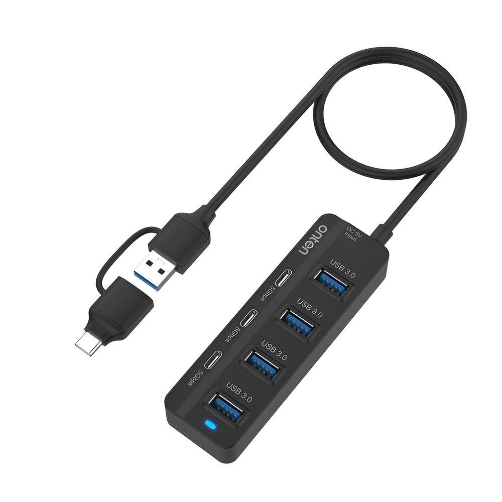 ONTEN Hub USB 7 in 2, adaptor multiport USB A/ USB C la 4 x USB 3.0, 3 x USB C, carcasa aluminiu, negru