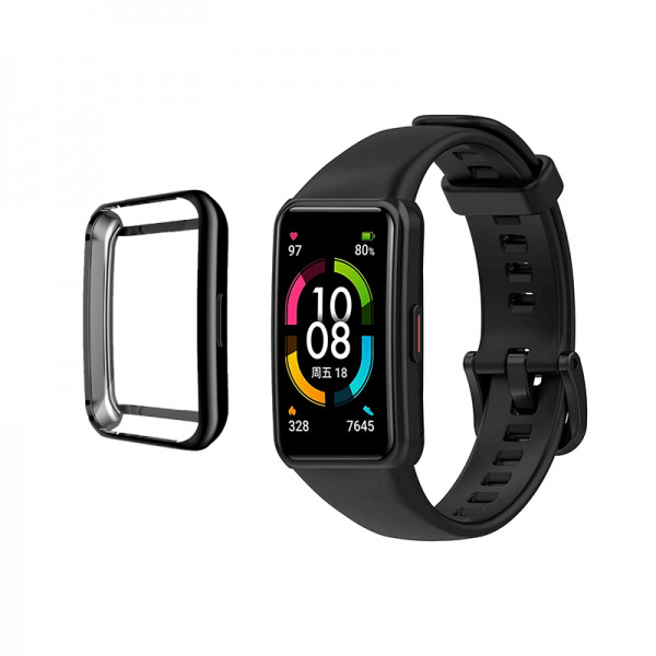 Set Curea tip sport pentru bratara fitness Huawei Band 6 / Huawei Honor Band 6 din silicon + carcasa protectie, rezistenta la socuri si zgarieturi, negru