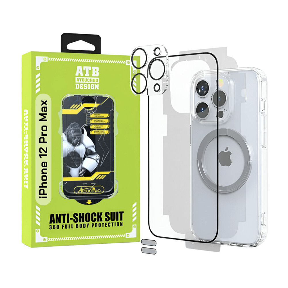 ATB Set 6 in 1 pentru iPhone 12 Pro Max cu husa TPU antisoc, folie sticla cu kit de instalare, folie sticla pentru camera, folie spate, inel magnetic si 2 stickere anti-praf