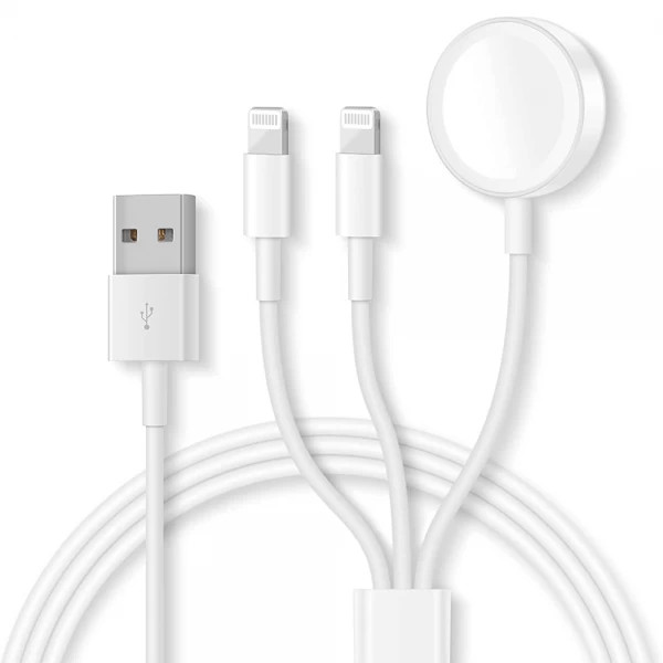 Cablu de incarcare Apple 3 in 1 pentru iWatch, iPhone si iPad, incarcare magnetica si lighting, 1m lungime, port usb, alb