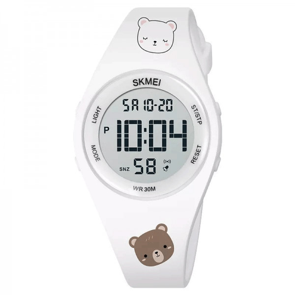 Ceas copii SKMEI 1865 cu alarma, cronometru, calendar si afisaj digital dual time, ora 12/24 rezistenta la apa 5 bar, black light, diametru 37 mm si bratara din silicon cu design animat Ursulet, alb