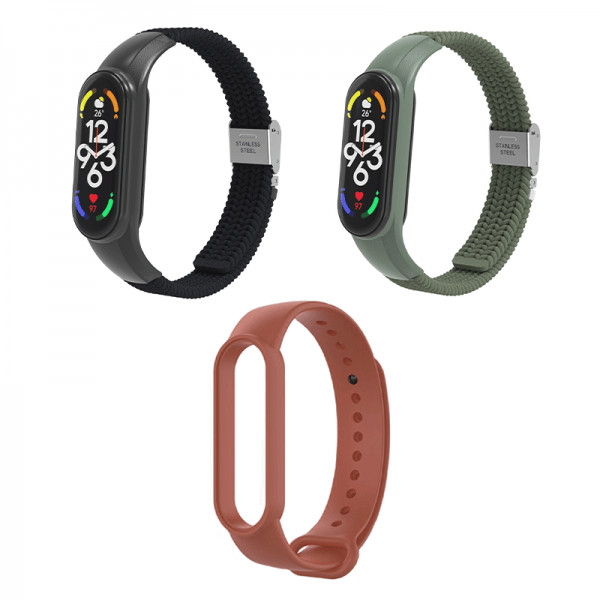 Set 2+1 CADOU curele smartwatch pentru Xiaomi Mi Band 7, bratara fitness, ajustabila, elastica, design impletit si simplu, catarama din otel inoxidabil, negru, verde