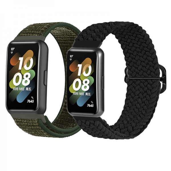 Set 2 curele pentru bratara fitness Huawei Band 7 din nylon, cu telescop Quick Release, negru, verde