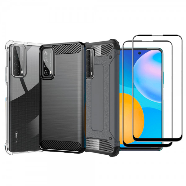 Set protectie 5 in 1 pentru Huawei P Smart 2021, cu 3 huse antisoc,hybrid si carbon, 2 folii fullsiz