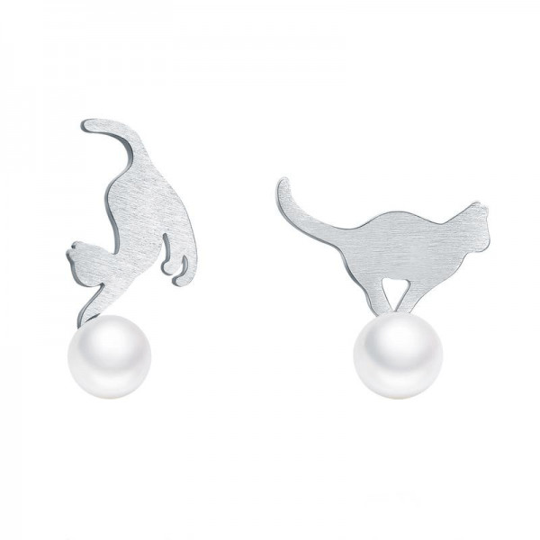 Cercei cu surub pe ureche argint 925 si perla KRASSUS Kitty,asimetrici, model pisica