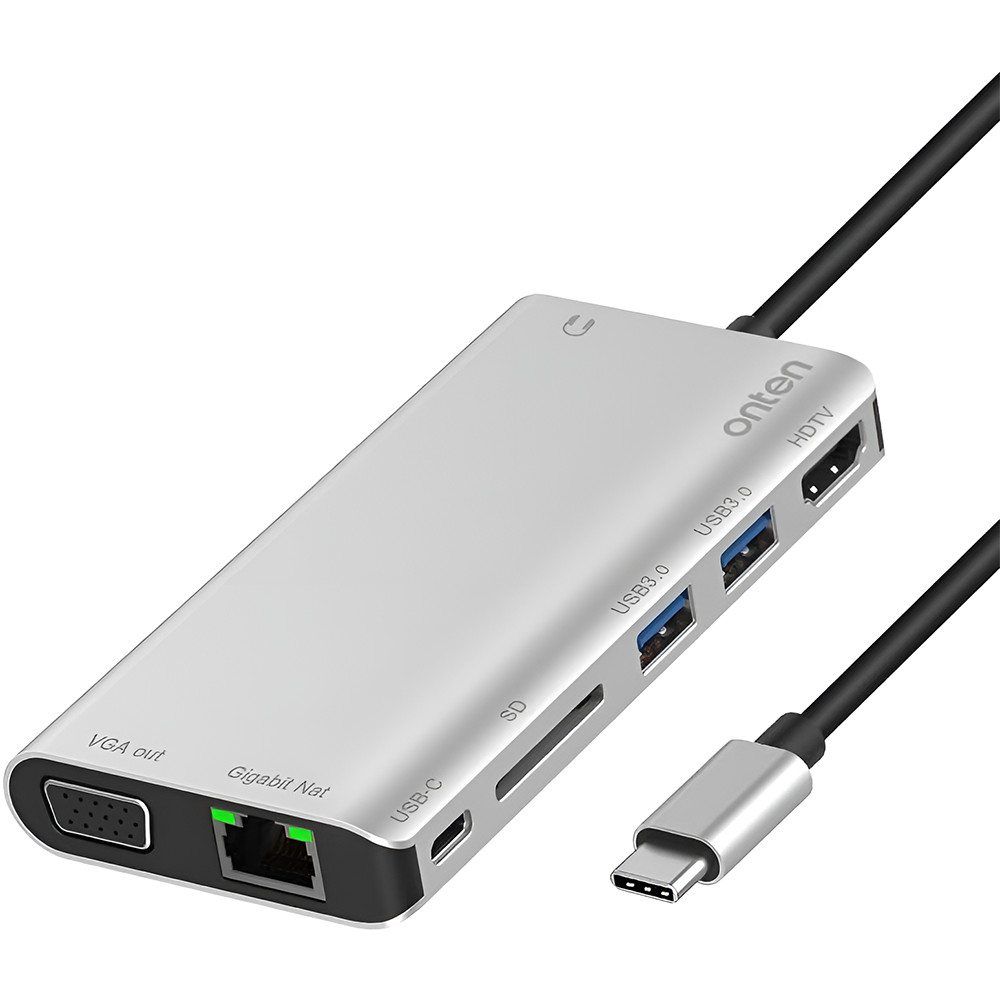 Docking station USB-C 8 in 1 ONTEN, adaptor multiport cu 1Gbps Ethernet, HDMI 4K, VGA, PD, 2x USB 3.0, AUX 3.55mm, Cititor de carduri SD, pentru MacBook, Chromebook, USB-C laptop, argintiu