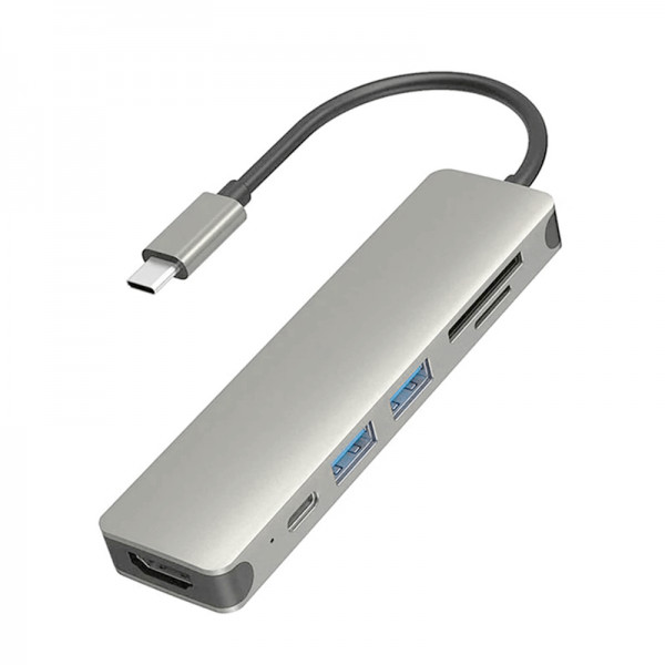 Hub USB Type-C 6 in 1 multiport 2 x USB 3.0 5Gbps, HDMI 4K 30Hz, Card reader TD si SD Card, USB Type-C PD 87W 3A, argintiu