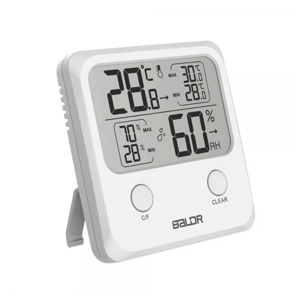 Mini termometru si higrometru digital BALDR, afisaj temperatura si umiditate pentru interior, ecran LED, inregistrare valori minime si maxime, alb