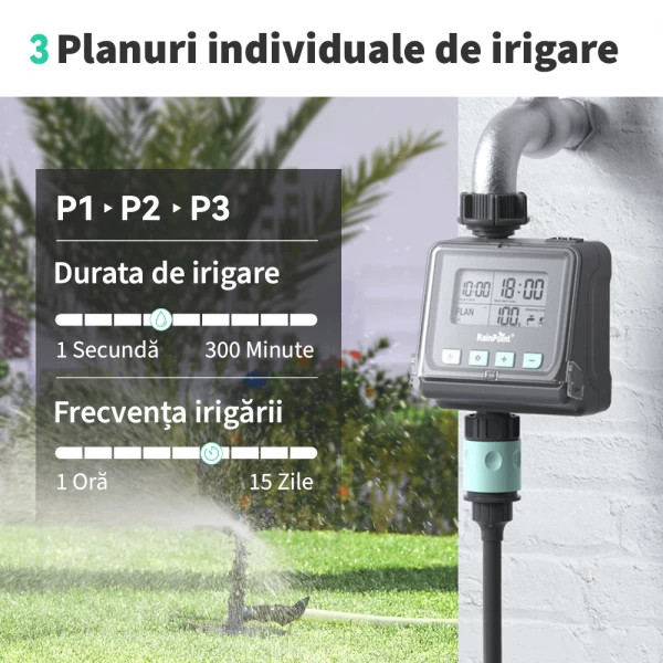 Temporizator apa pentru gradina, RainPoint, 1 orificiu evacuare cu afisaj digital, sistem de irigare automat cu 3 configuratii, senzor de ploaie, gri - 2 | YEO