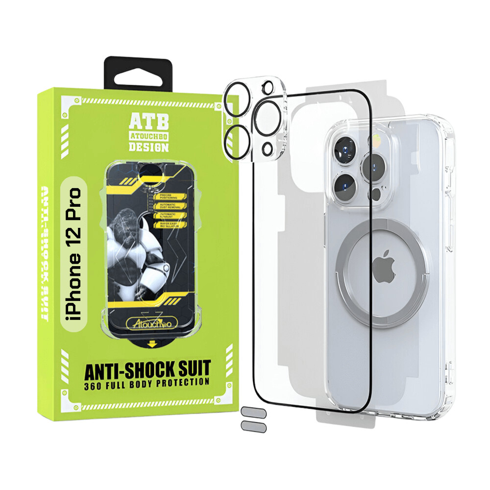 ATB Set 6 in 1 pentru iPhone 12 Pro 5G cu husa TPU antisoc, folie sticla cu kit de instalare, folie sticla pentru camera, folie spate, inel magnetic si 2 stickere anti-praf