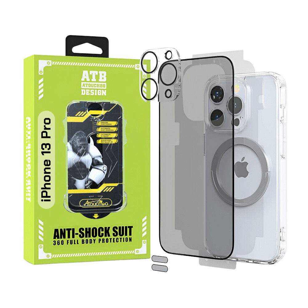 ATB Set 6 in 1 pentru iPhone 13 Pro 5G cu husa TPU antisoc, folie sticla privacy cu kit de instalare, folie sticla pentru camera, folie spate, inel magnetic si 2 stickere anti-praf