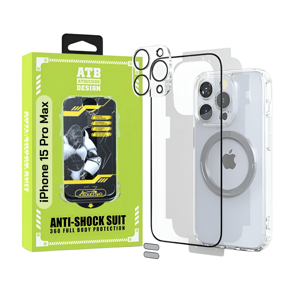 ATB Set 6 in 1 pentru iPhone 15 Pro Max cu husa TPU antisoc, folie sticla cu kit de instalare, folie sticla pentru camera, folie spate, inel magnetic si 2 stickere anti-praf