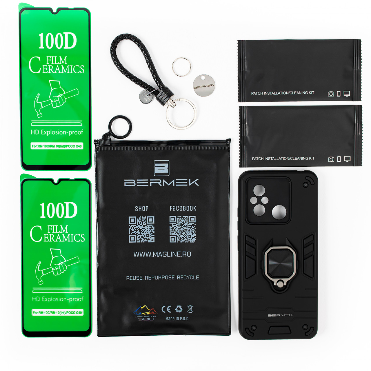 Bermek Husa Xiaomi Redmi 12C 4G, husa antisoc - 2x Folie telefon, Negru
