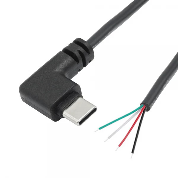 Cablu cu mufa USB 2.0 Type-C unghi 90 grade tata la 4 fire deschise, 25 cm, negru