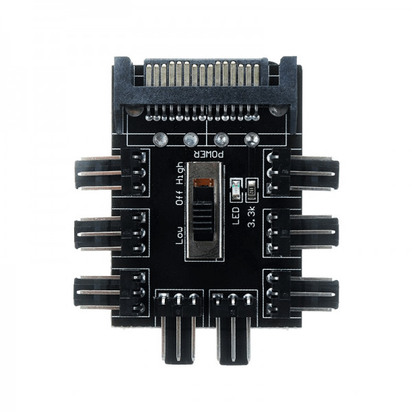 Hub adaptor splitter Sata 15 pini la 8 ventilatoare cu interefata PWM 4 pini / 3 pini, cu switch 3 viteze, pentru sisteme de mining criptomonede,indicator LED