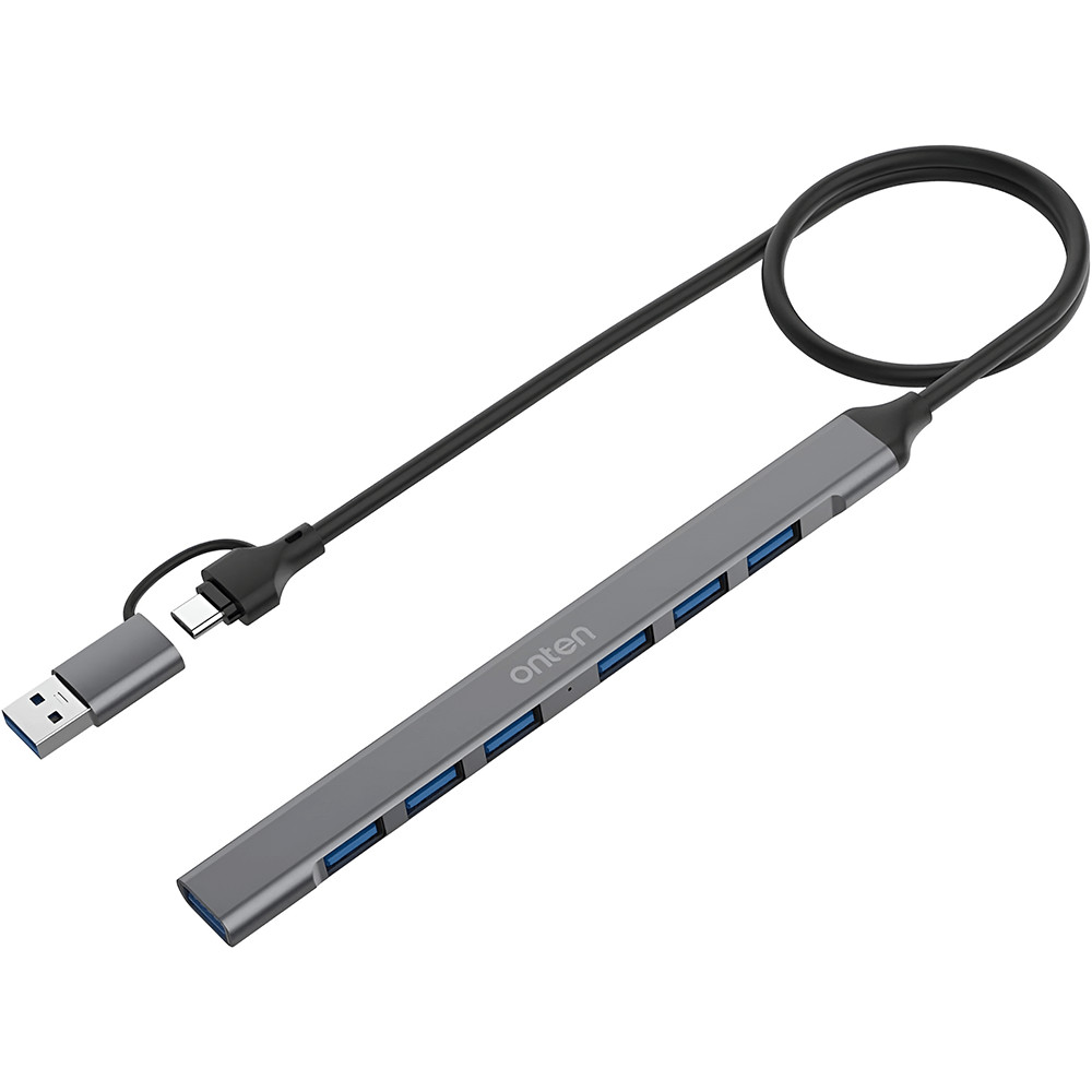 ONTEN Hub USB 7 in 2, adaptor multiport USB A/ USB C la 1 x USB 3.0, 6 x USB 2.0, carcasa aluminiu, pentru imprimanta, mouse, tastatura, telefon, tableta, gri