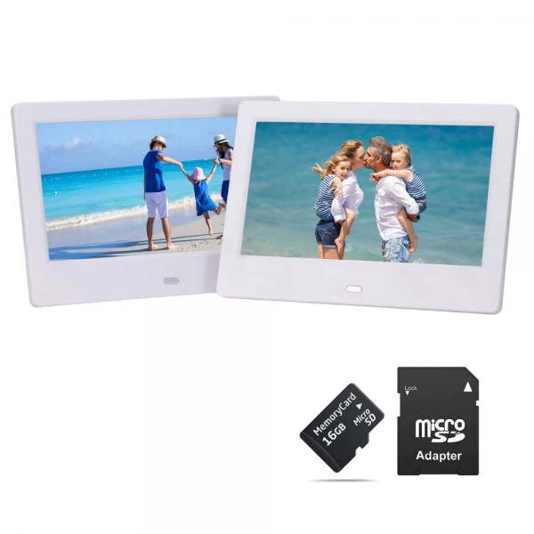 Rama foto digitala 077DPF LCD de 7 inch cu telecomanda, alb + card de memorie microSD 16GB si adaptor