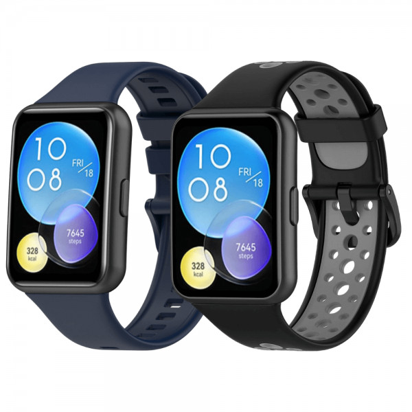 Set 2 curele pentru Huawei Watch Fit 2 Active, bratara smartwatch din silicon, negru-gri, albastru