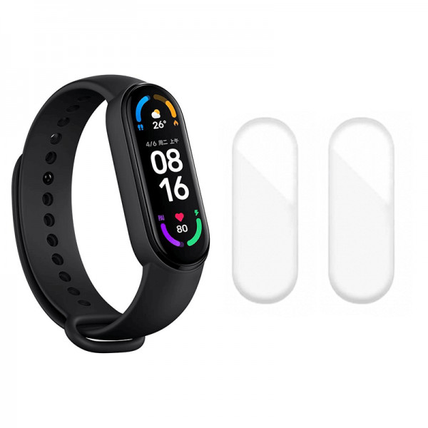 Set curea smartwatch pentru Mi Band 7 si 2 folii protectie ecran transparente din hidrogel rezistent la zgarieturi, bratara din silicon, negru
