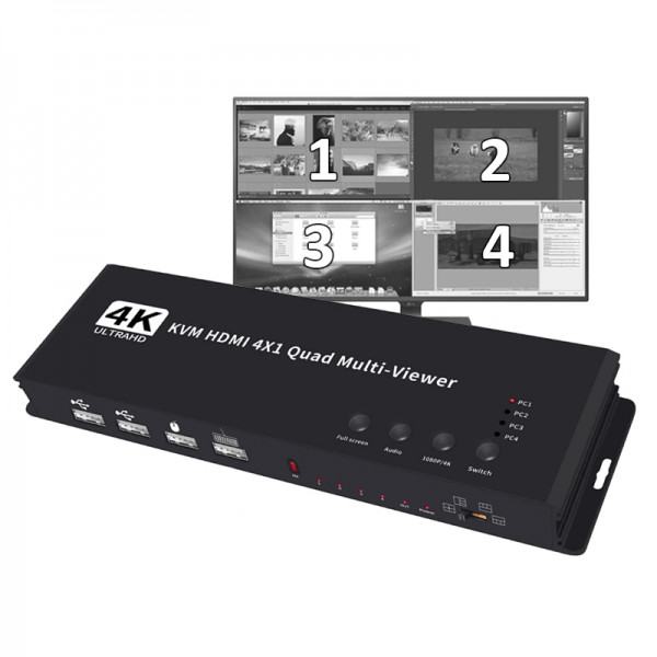Switch HDMI KVM Multiviewer 4K 30Hz, 4 intrari 1 iesire, afisaj simultan / alternativ cu telecomanda / tastatura / buton, selectare audio, sistem de prindere