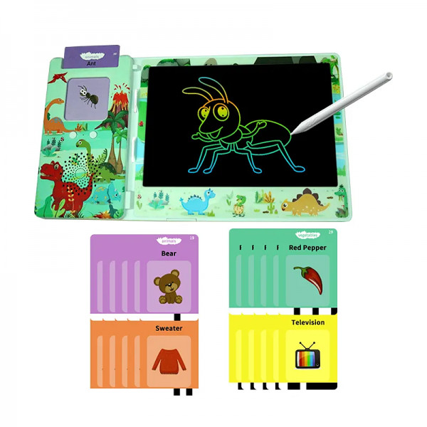 Tableta grafica educativa interactiva 8.5 inch pentru a invata limba engleza, scris si desenat, ecran LCD, 112 cartonase, scris multicolor, buton stergere, creion Stylus, alimentare USB + Extra creion / snur anti-pierdere CADOU, model dinozauri, verde