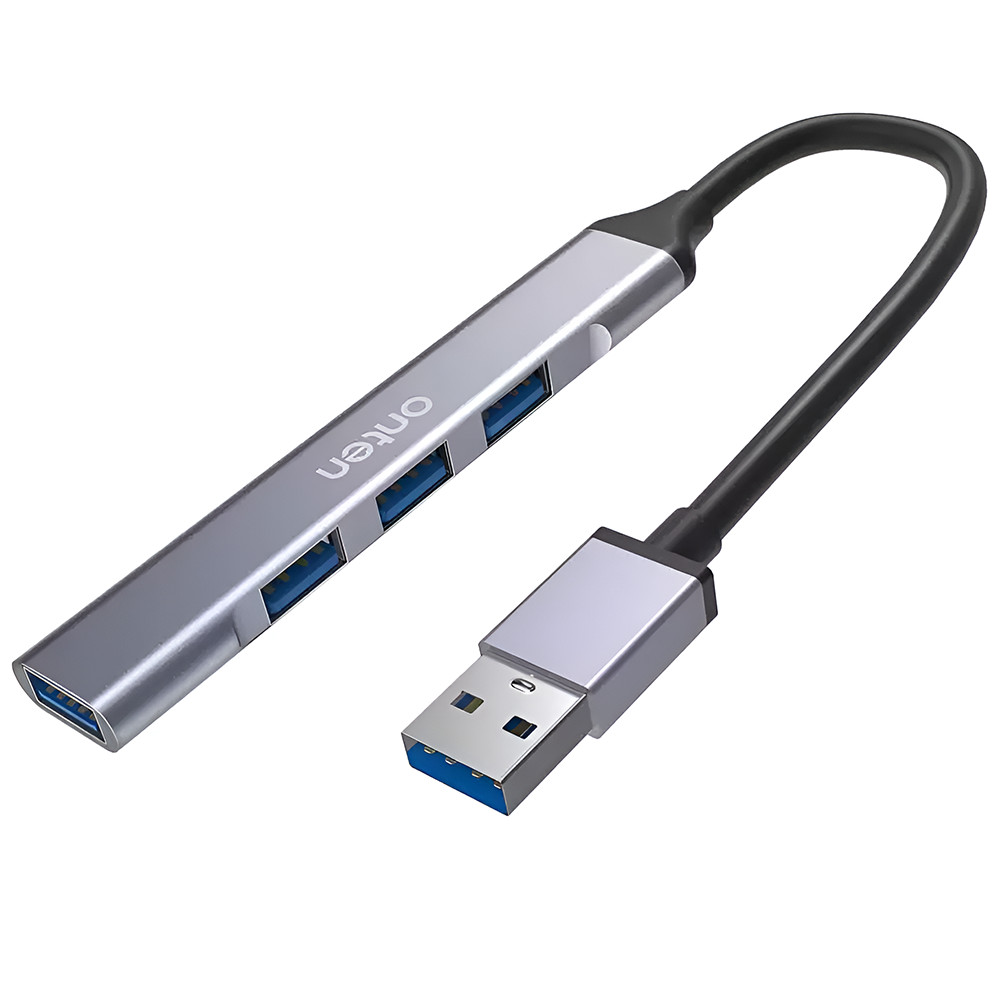 Hub USB 4 in 1 ONTEN, adaptor multiport USB A la 1 x USB 3.0, 3 x USB 2.0, carcasa aluminiu, pentru MacBook, Chromebook, laptop cu incarcare Type-C, argintiu