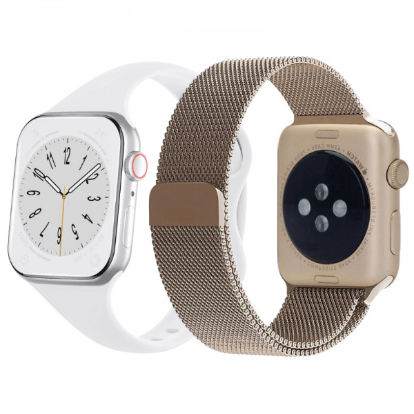 Set 2 curele Apple Watch 3 / 4 / 5 / 6 / 7 / 8 / SE series 38 / 40 / 41 mm, silicon, otel inoxidabil, auriu deschis, alb