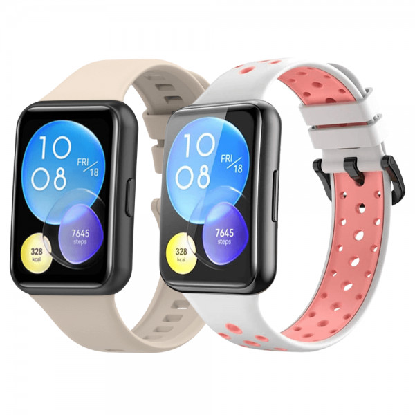 Set 2 curele pentru Huawei Watch Fit 2 Active, bratara smartwatch din silicon, roz-alb, crem