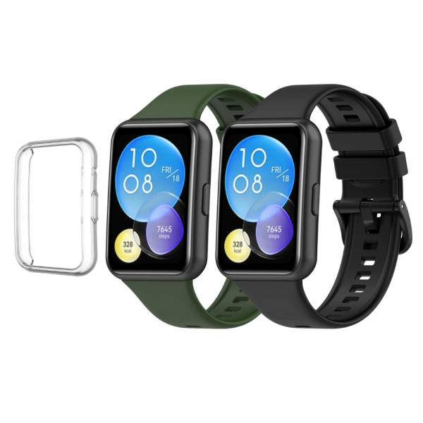 Set 2 curele pentru Huawei Watch Fit 2 Active, bratara smartwatch din silicon, verde, negru + husa de protectie tip rama din silicon moale elecroplacat, transparent