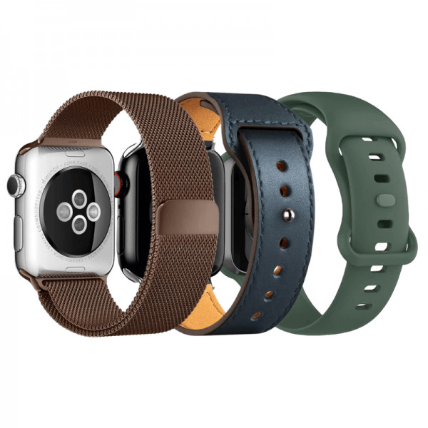 Set 3 curele Apple Watch Ultra/ 3 / 4 / 5 / 6 / 7 / 8 / SE series 42 / 44 / 45 / 49 mm, silicon, piele, otel inoxidabil, maro, verde, albastru