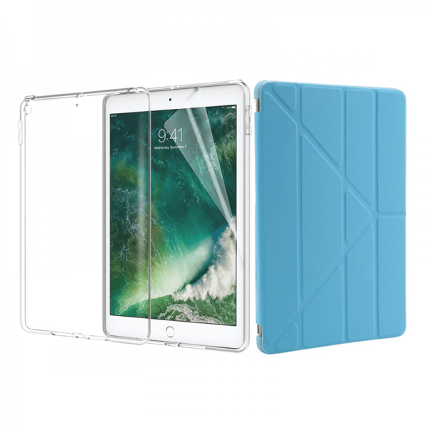 Set 3 in 1 husa carte, husa silicon si folie protectie ecran pentru iPad 9.7 inch 2017 / 2018 / A1893 / A1954 / A1822 / A1823, azuriu