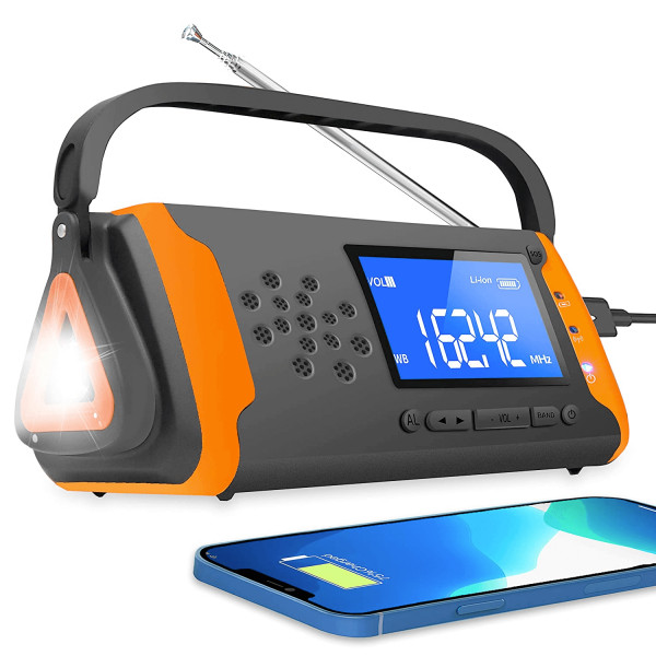 Aparat cu Radio FM/AM, lanterna LED 1W, jack 3.5mm Aux Player, alarma sonora SOS, PowerBank 4000mAh, incarcare solara, dinam, baterii, rezistent la apa waterproof IPX3, portocaliu