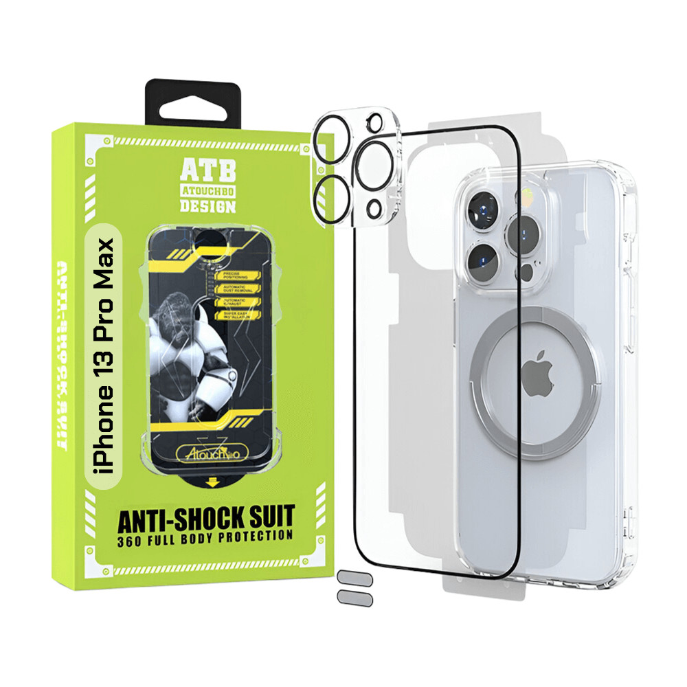 ATB Set 6 in 1 pentru iPhone 13 Pro Max cu husa TPU antisoc, folie sticla cu kit de instalare, folie sticla pentru camera, folie spate, inel magnetic si 2 stickere anti-praf