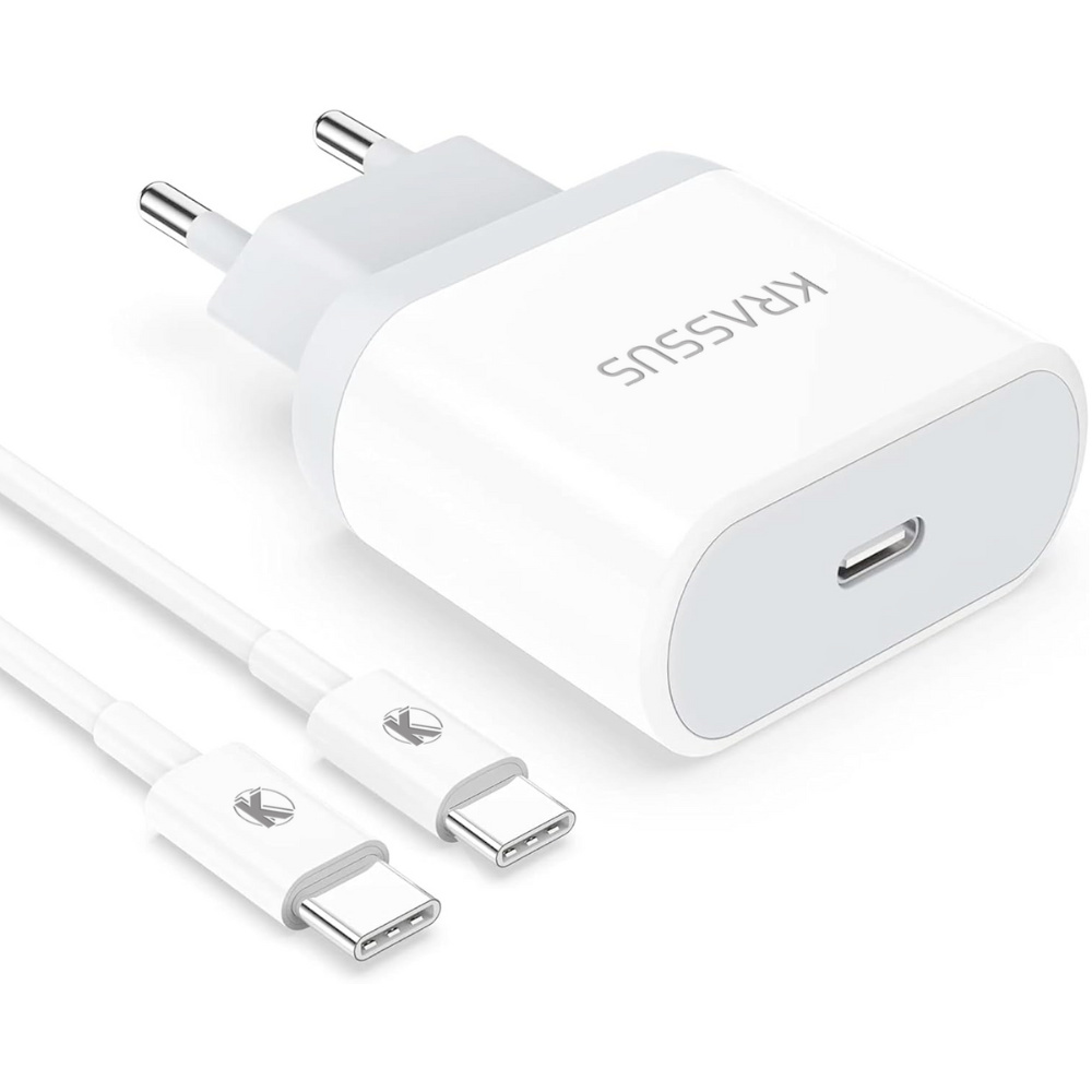 KRASSUS Incarcator Type-C 20W si Cablu USB C - USB C, 1m, Fast Charge - Compatibil cu Samsung, iPhone 15/ 15 Pro/ 15 Pro Max, Huawei, alb