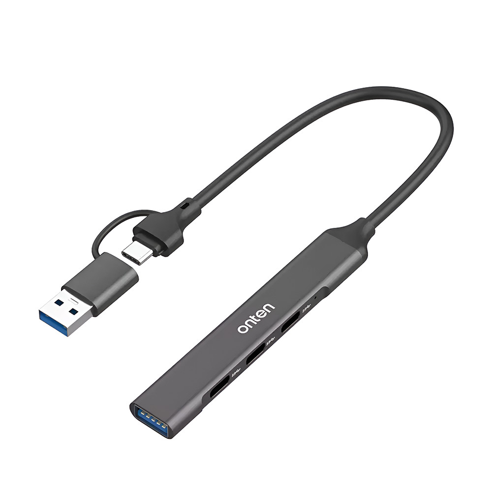 ONTEN Hub USB 4 in 2, adaptor multiport USB A/ USB C la 1 x USB 3.0, 3 x USB C, carcasa aluminiu, negru